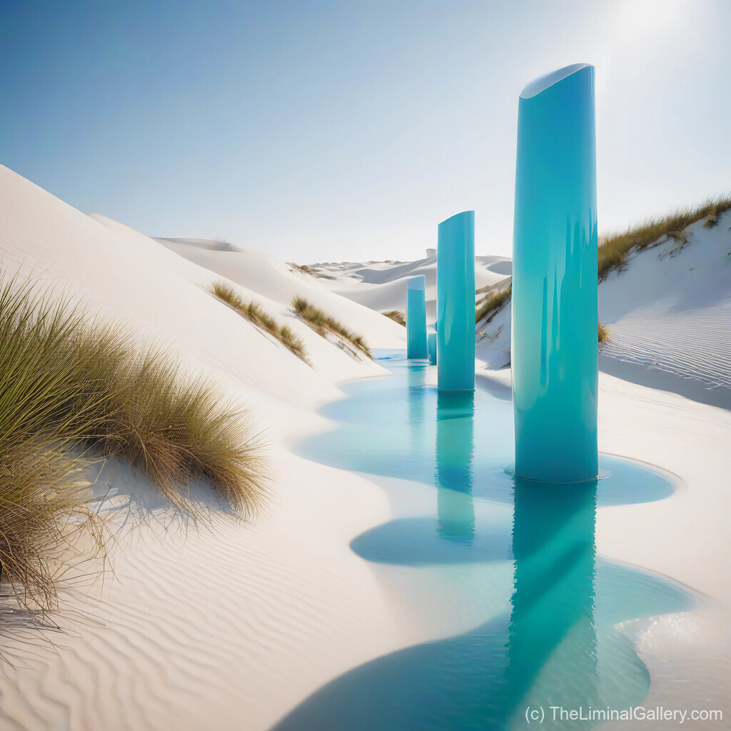 Crystalline pillars rising from a shimmering horizon, blending illusion, grandeur, and dreamlike beauty.